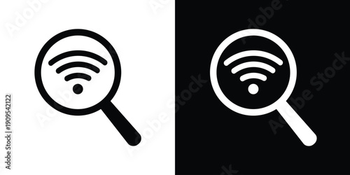 Magnifying glass icon featuring a wireless signal symbol. Conceptual vector for finding Wi-Fi hotspots, network discovery, signal scanning, and internet connectivity search.