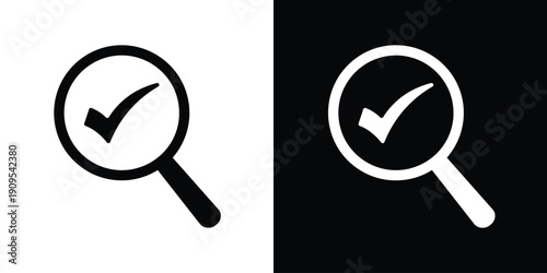 Magnifying glass icon with a bold check mark inside. Vector illustration representing verified search results, quality assurance, finding approved content, and successful inspection.