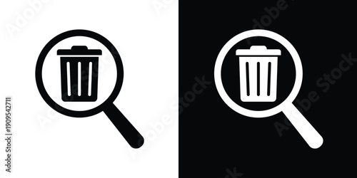 Minimalist vector icon of a magnifying glass over a trash bin. Represents data cleanup, searching for deleted files, waste management audit, recycling research, and digital hygiene.