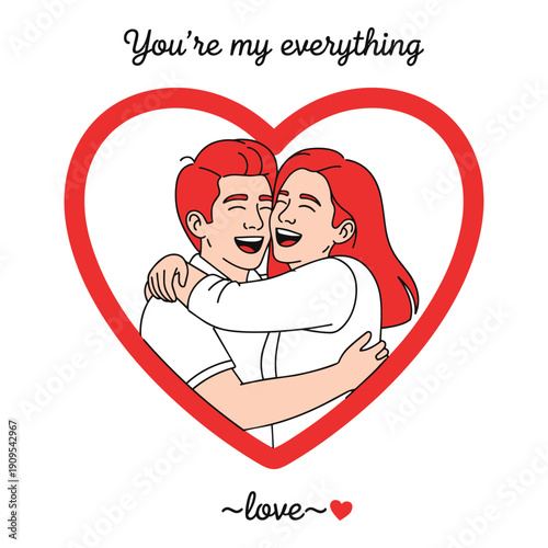 Romantic couple hugging in heart with love text