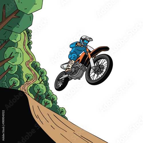 Motocross rider jumping dirt bike in cartoon illustration style for extreme sport