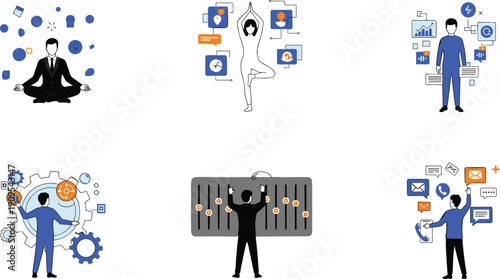 Business productivity illustration set, mindfulness yoga analytics communication management workflow, professional people icons, work life balance, flat design, vector, modern