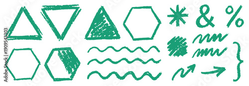 Green hand-drawn doodle collection featuring crayon triangles, hexagons and curly line art for creative kindergarten designs or school branding. Vector illustration set with various symbols.