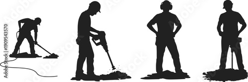 Construction workers silhouette set operating tools drilling breaking ground industrial labor black vector illustration isolated