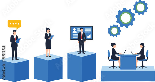 Business team workflow illustration, corporate collaboration meeting, data presentation dashboard, project management process, communication strategy, flat vector design, concept, success