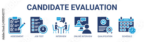 Candidate Evaluation web banner icon vector illustration concept with icon of assessment, job test, interview, online interview, qualification, and schedule.