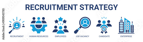 Recruitment Strategy web banner icon vector illustration concept with icon of recruitment, human resources, employees, job vacancy, candidate, and enterprise.