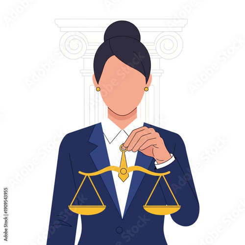 Lawyer holding scales of justice against classical pillar emphasizing legal fairness and jurisprudence