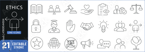 Minimalist line icon set representing ethics, integrity, justice, accountability, transparency, leadership, teamwork, security, and corporate responsibility in clean outline style