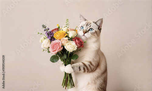 Cute cat holds a bouquet of flowers on a monochrome background, birthday, valentine's day.artificial intelligence generator, AI, neural network image. background for the design