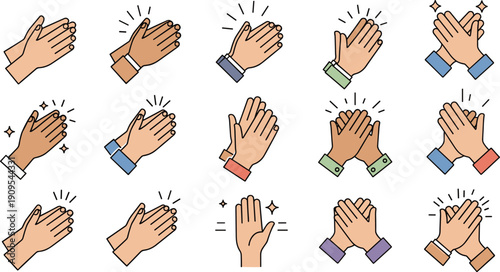 Clapping hands icon set with applause gesture, motion lines, sparkles, outline vector collection