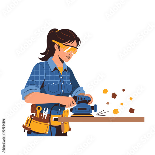 Woman carpenter sanding wood with power sander in workshop safety glasses