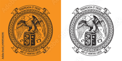Majestic Eagle on Dual Lens Vintage Camera Photography Emblem