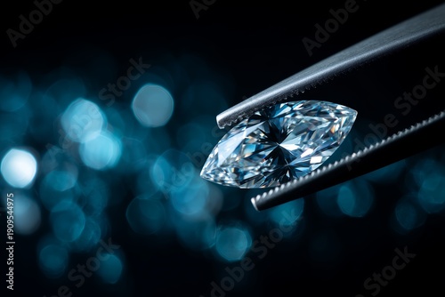 Macro shot of a brilliant marquise diamond held by metal tweezers against a dramatic dark blue bokeh background, concept for luxury jewelry trading, gemology assessment and investment advertisement