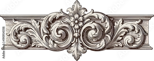 Symmetrical classical ornament with acanthus leaf scrolls, floral cluster and unfurling volutes in high-relief decorative molding