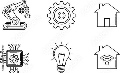 Black line icon set featuring industrial robotic arm, gear, smart home, microchip processor, light bulb idea, and wireless home connectivity.