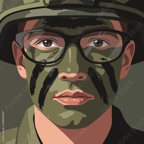 Soldier Portrait Illustration. Man with Camouflage Face Paint. Military Vector Art. Combat Ready Concept.