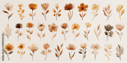 Collection of delicate watercolor floral illustrations in warm earthy tones isolated on white background