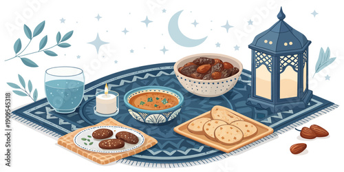 Top-down view of a flat vector illustration featuring abundant Iftar food spread on a table, perfect for Ramadan.