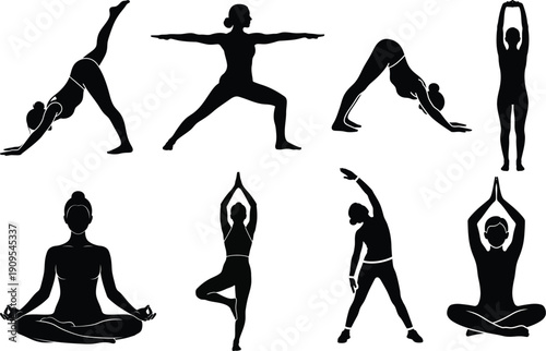 Yoga poses silhouettes for fitness and wellness
