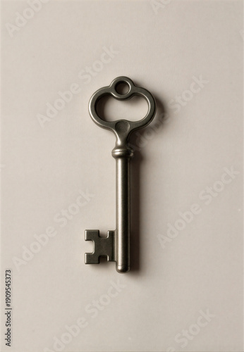 antique metal door key on a light monochrome background, graphics .artificial intelligence generator, AI, neural network image. background for the design