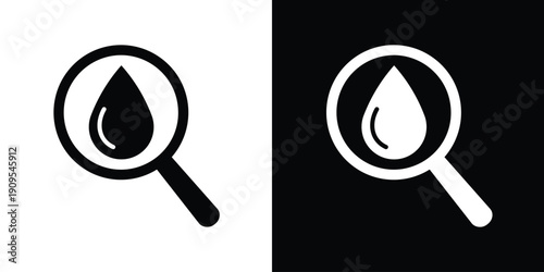 Water analysis and drop search icon. Magnifying glass over a liquid droplet symbol. Vector graphic for plumbing, environment, hydration, and liquid quality testing concepts.