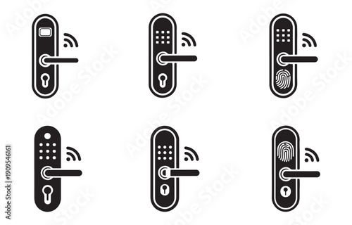 Smart Door Lock Icons: Keyless Entry, Biometric Fingerprint, Digital Keypad Options