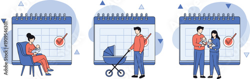 Family planning schedule illustration, baby care calendar, parenthood timeline, newborn routine tracking, childcare planning, modern flat vector design, concept, lifestyle
