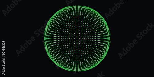 Abstract green particle globe with dotted grid structure, virtual world concept, sci-fi tech background