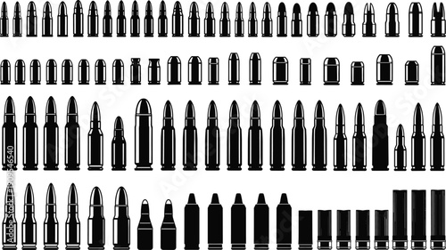 Ammunition bullets cartridge silhouettes collection firearm calibers military hunting ammo isolated black vector illustration, flavector