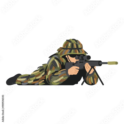 Military Sniper in Camouflage. Prone Soldier Aiming Rifle. Tactical Operation.