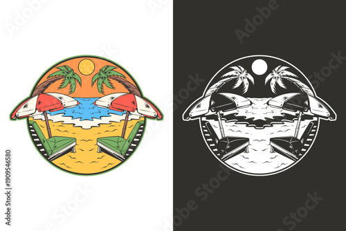 Vintage Retro Summer Tropical Beach Badge Design Sunbeds and Umbrellas Vector Illustration