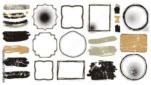 Collection of assorted frames and brush strokes for creative design projects displayed on a clean surface from a front view