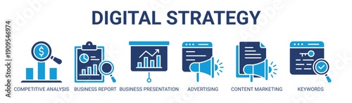 Digital Strategy web banner icon vector illustration concept with icon of competitive analysis, business report, business presentation, advertising, content marketing, and keywords.