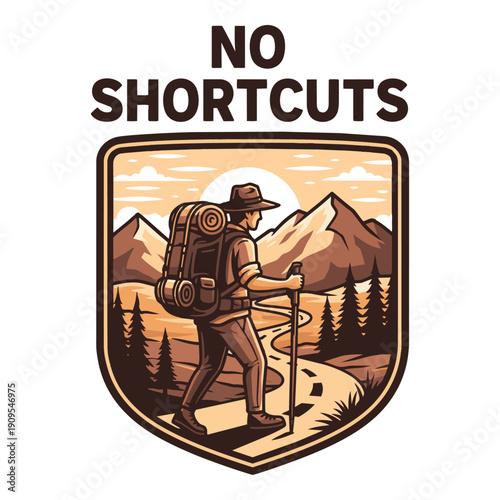 No Shortcuts hiking adventure mountain shield badge