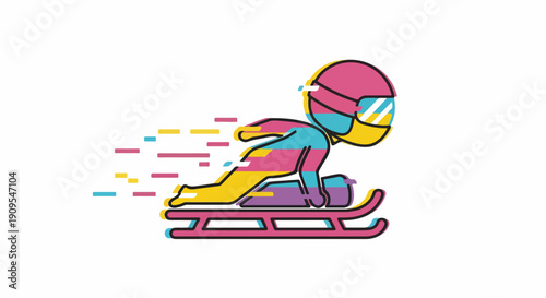 Dynamic colorful illustration of a bobsled athlete in a high-speed race, featuring modern geometric shapes and vibrant glitch-style effects for winter sports.
