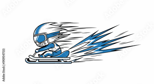 Dynamic cartoon character in blue and white, wearing a helmet and goggles, speeding on a sled with lightning bolts and motion lines, representing extreme winter sports.