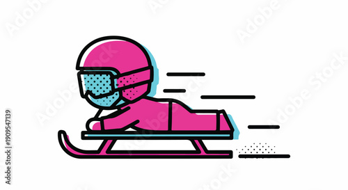 Vibrant graphic illustration of a person in a pink suit and helmet on a sled, depicting a fast-paced winter sport like luge or skeleton with speed lines.