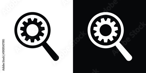 Magnifying glass icon with a gear and wrench inside. Flat vector graphic for technical search, system maintenance discovery, troubleshooting, and engineering optimization concepts.