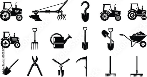 Farm agriculture equipment and gardening tools silhouette icon set tractor shovel rake vector – flavector