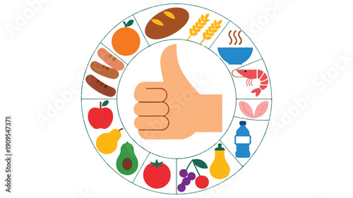 A circular diagram showing a balanced diet illustration with a large peach-colored thumbs up in the center (1)_traced