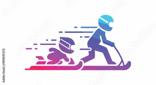 Father and son sledding down a snowy hill on a scooter and sled, winter fun and active lifestyle concept