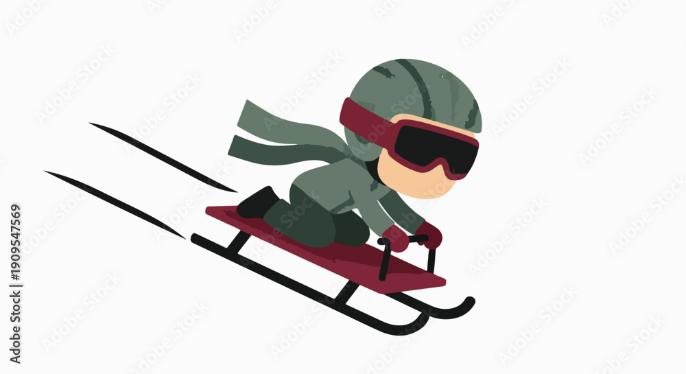 Obraz premium Dynamic cartoon illustration of a person in a helmet and goggles speeding downhill on a red sled, enjoying winter fun and sports.