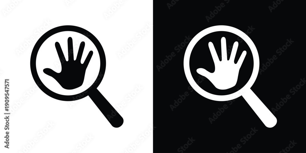 Fototapeta premium Magnifying glass icon featuring a human hand silhouette. Symbol for manual search, human touch verification, palm identification, and security scanning. Clean flat vector art.