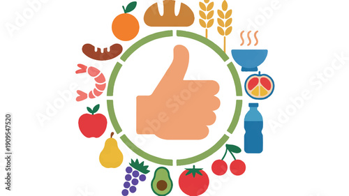 A circular diagram showing a balanced diet illustration with a large peach-colored thumbs up in the center (3)_traced
