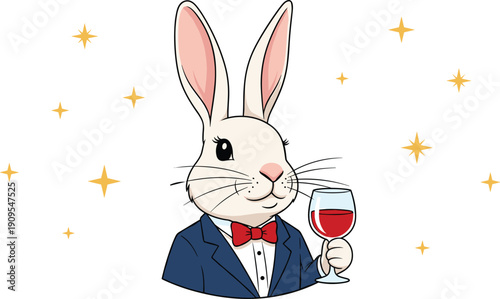 Cute Rabbit in Tuxedo Holding Wine Glass Vector Illustration with Sparkles for Party Invitation, Celebration Card and Luxury Mascot Design