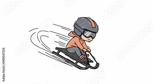 Adorable cartoon character sledding rapidly, wearing a protective helmet and ski goggles, enjoying a thrilling winter sport activity with motion blur, isolated on white.