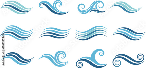 Blue abstract water wave icon set featuring stylized ocean ripples, marine swirls, sea surf symbols, and flowing aquatic design elements.