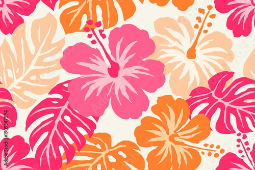 Tropical seamless pattern with hibiscus flowers and monstera leaves in vibrant summer colors for fabric textile wallpaper wrapping paper and exotic beach design.