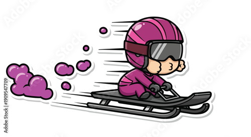 Cute cartoon child in pink helmet and suit sledding downhill at high speed, leaving a purple snow trail. Fun winter sport doodle illustration.